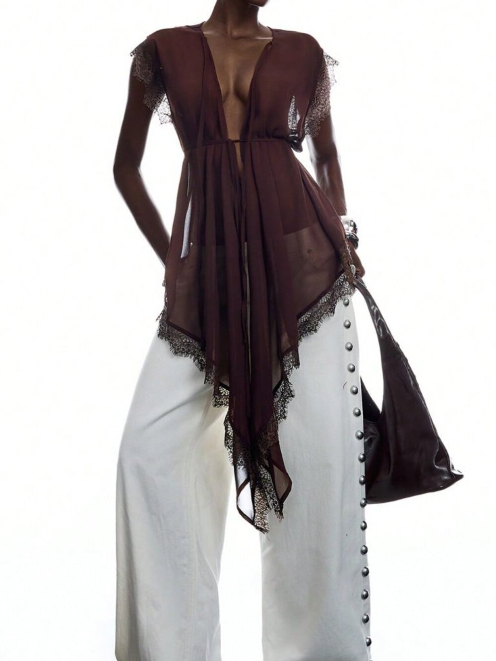 Coffee Brown Sexy Women's Lace Embroidered Tie-Up Asymmetrical Sheer Blouse - Picture 5 of 9
